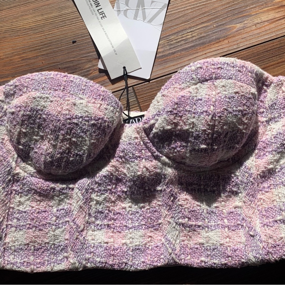 NWT Zara Womens X Small Tweed Bustier Crop Corset Top Pink Purple Plaid XS
